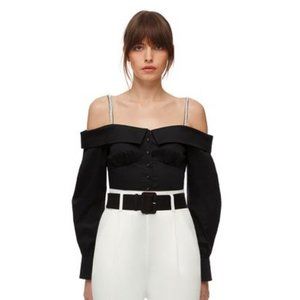 NWT Self-Portrait Black Sleeve Off-Shoulder Crop Top Embellished Strap US 2